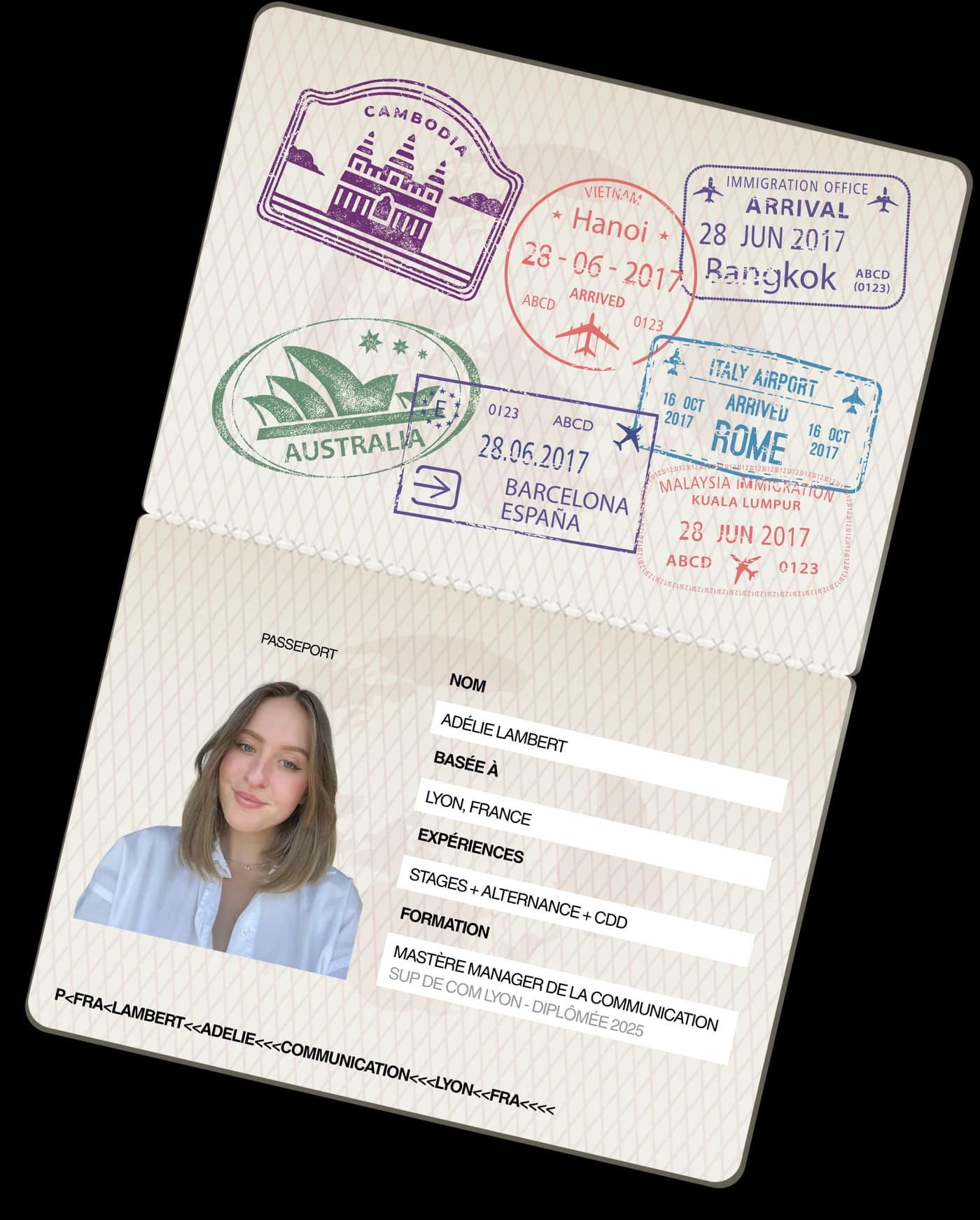 Passeport d'Adélie Lambert — EXPÉRIENCES : stages + alternance + CDD ; visas Cambodge, Vietnam, Australie, Italie, Malaisie, Espagne