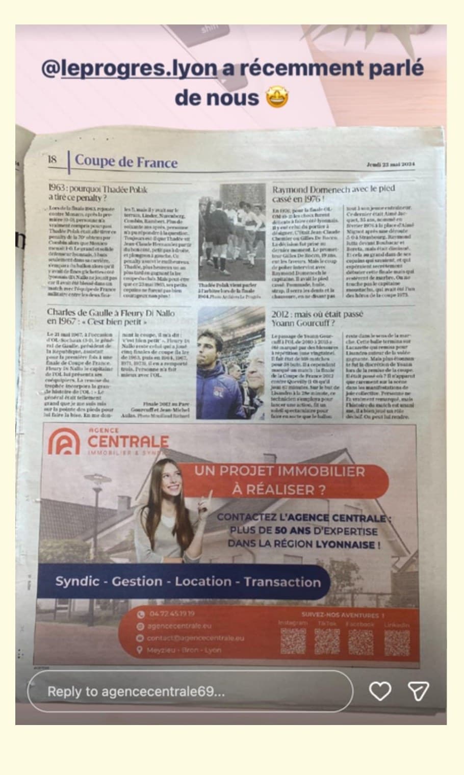 Story Instagram — Le Progrès Lyon parle de l'Agence Centrale (article Coupe de France)