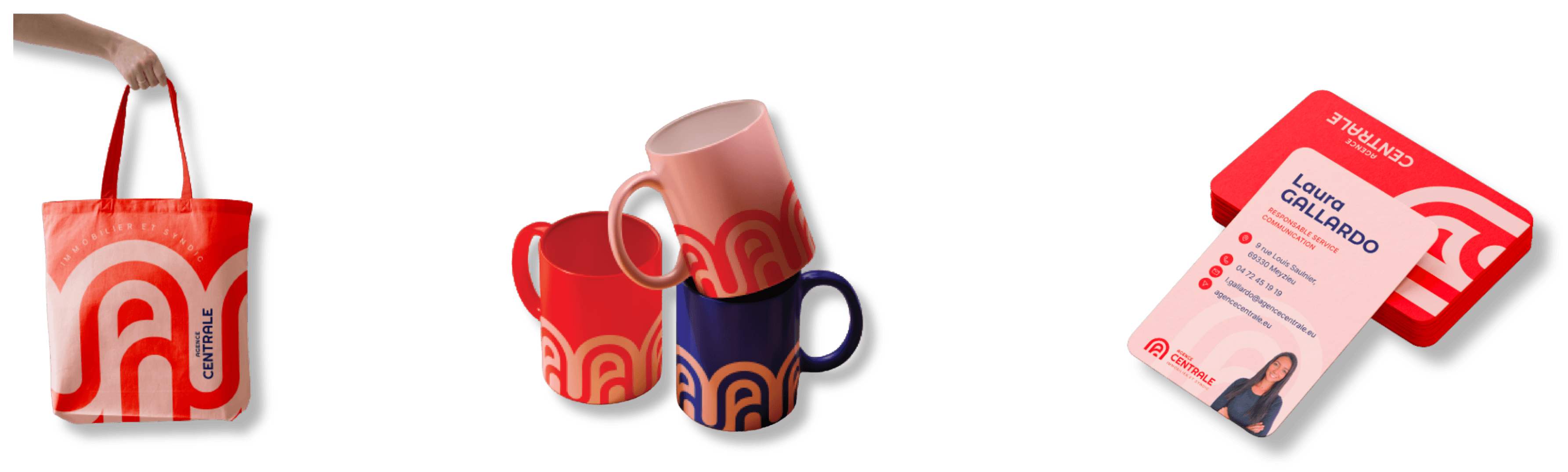 Merchandising Agence Centrale : tote bag, mugs, cartes de visite