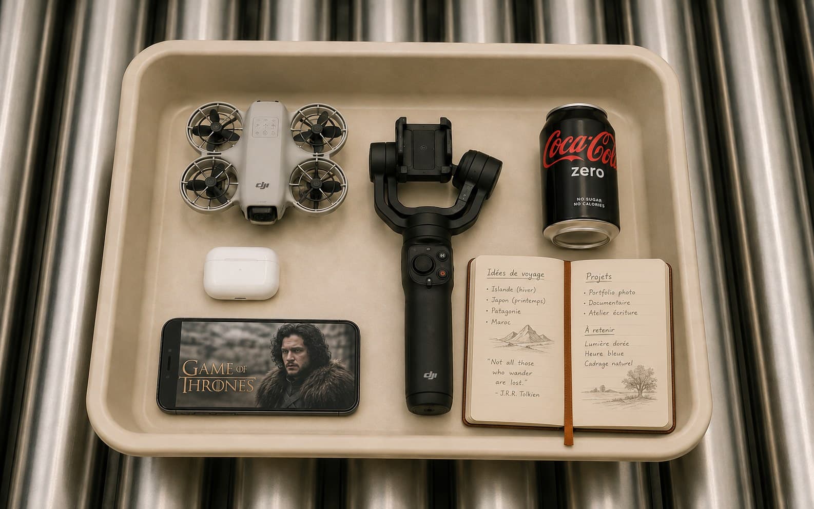 Plateau sur un tapis roulant d'aéroport avec mes essentiels : drone DJI NEO 2, stabilisateur, Coca Zéro, Airpods, iPhone avec Game of Thrones et carnet de notes